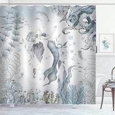 Shower Curtain Octopus Coral Fish Teal and Blue 72"W x 72"L Pack of 1 Mermaid