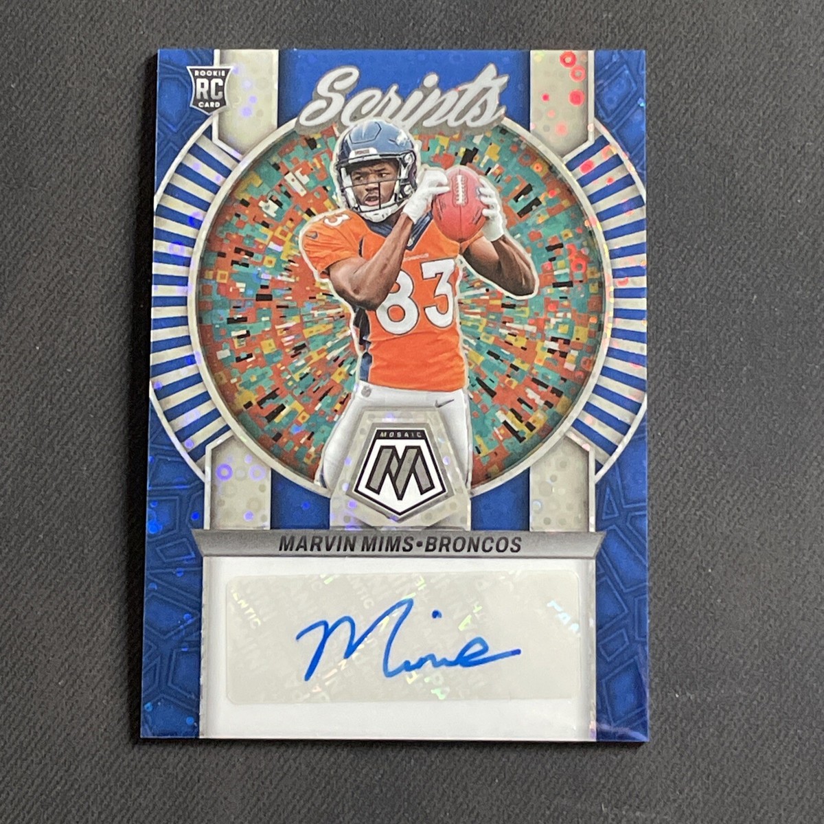Marvin Mims 2023 Mosaic Football Scripts Auto No Huddle Blue Prizm RC  #RS-MMI