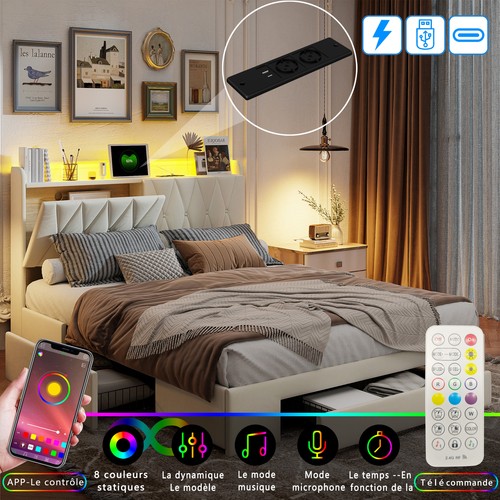 Doppelbett 140x200cm Polsterbett Stauraumbett Bettgestell mit USB LED Steckdosen - Bild 4 von 9