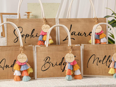 Personalized Bridesmaid Gift Bag   Custom Burlap Tote with Charm | Wedding Gift