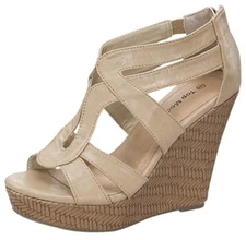 Top Moda Beige Faux Leather Platform Wedge Sexy Womens Zip Sandals Shoes