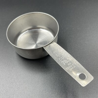 EKCO 1/3 Cup Stainless Steel Measuring Cup BLOCK PRINT Logo Vintage EUC