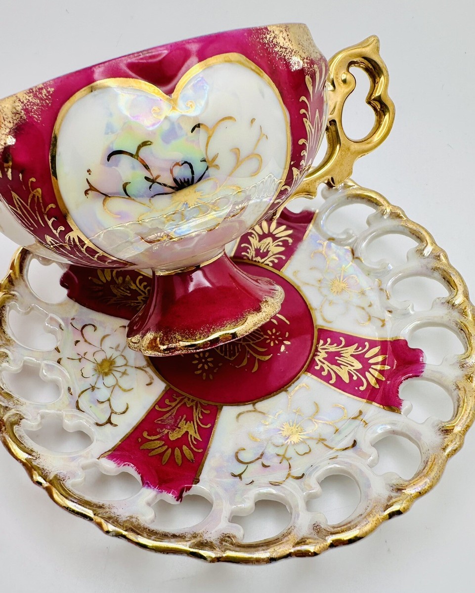 Vintage Royal Sealy Japan Footed Cup & Open Saucer; Iridescent Red