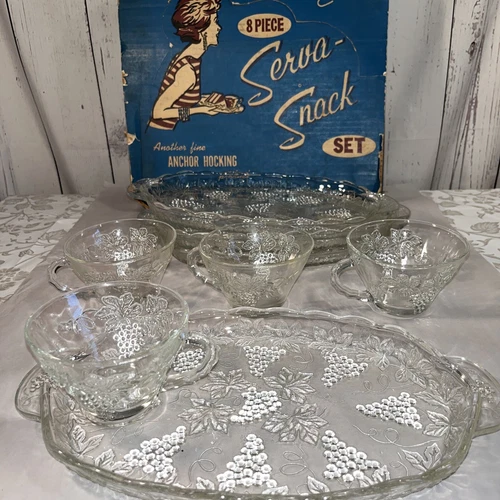 Vintage Anchor Hocking Snack Tea Cup Tray Set Grape Pod & Vine IOB