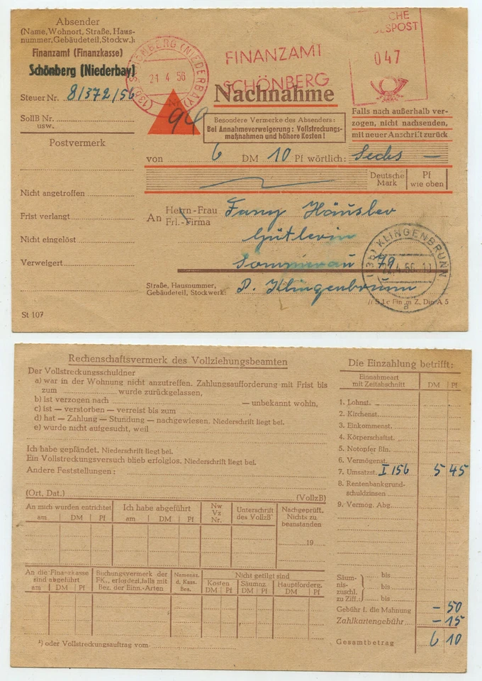 54929 - Freistempel: Finanzamt Schönberg 21.4.1956 - Nachnahme - Bild 1 von 1