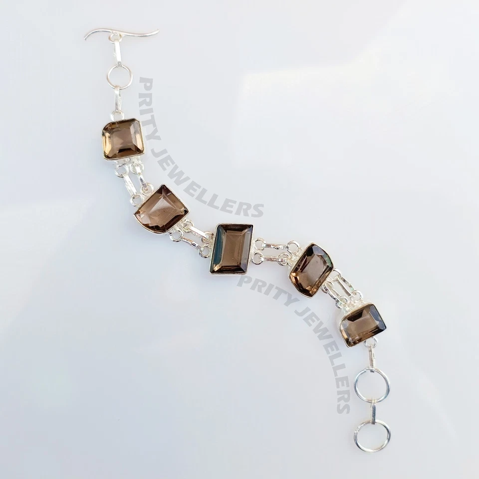 Pulsera de cuarzo ahumado de plata de ley 925 hecha a mano joyería ajustable todos los tamaños Foto 4 de 4