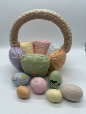 Quilted Ceramic EASTER EGG BASKET  PUFFED Hand Painted Yellow/Pink/Purple