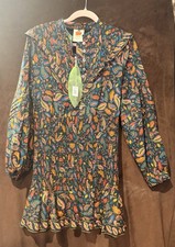 Farm Rio Smocked Ruffle Long Sleeve Mini Dress Black Floral Multicolor Size M