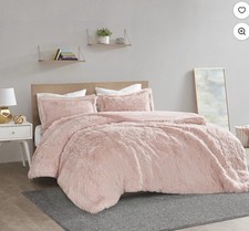 Full/Queen Leena 3pc Shaggy Faux Fur Duvet Cover Set Blush