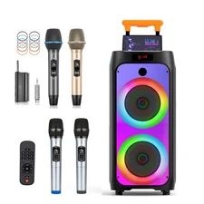 Home Party Speaker Karaoke Machine with 4 UHF Wireless Microphone Birthday/XMAS