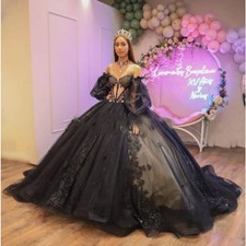Black Puff Sleeve Corset Tulle Ball Gown Quinceanera Dresses LaceSparkly Sweet16