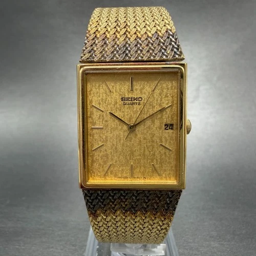 Seiko Tank Watch Men 24mm Gold Dial Gold Tone Date Rectangle 2A32-5010 NewBatt 5