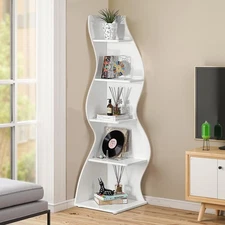 5-Tire Bookcase, Unique Wooden Corner Bookself Stand Unique Shape, Tall Books...