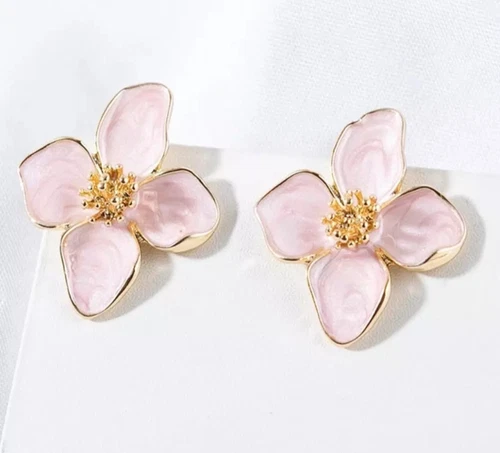 Zara Style GOLD Pink Floral Flower Elegant Cute Bohemian Statement Earrings Girl