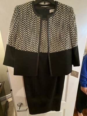 Kasper Women s Black Ecru Chevron Shift Dress Jacket 2 Piece Set Size 6 NWT