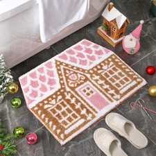 Gingerbread House Bathroom Mat Pastel Pink Christmas Rug Non Slip Cute