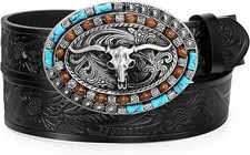 Western Genuine Leather Belt Cowboy Belt with Turquoise Oval Buckle Longhorn ...