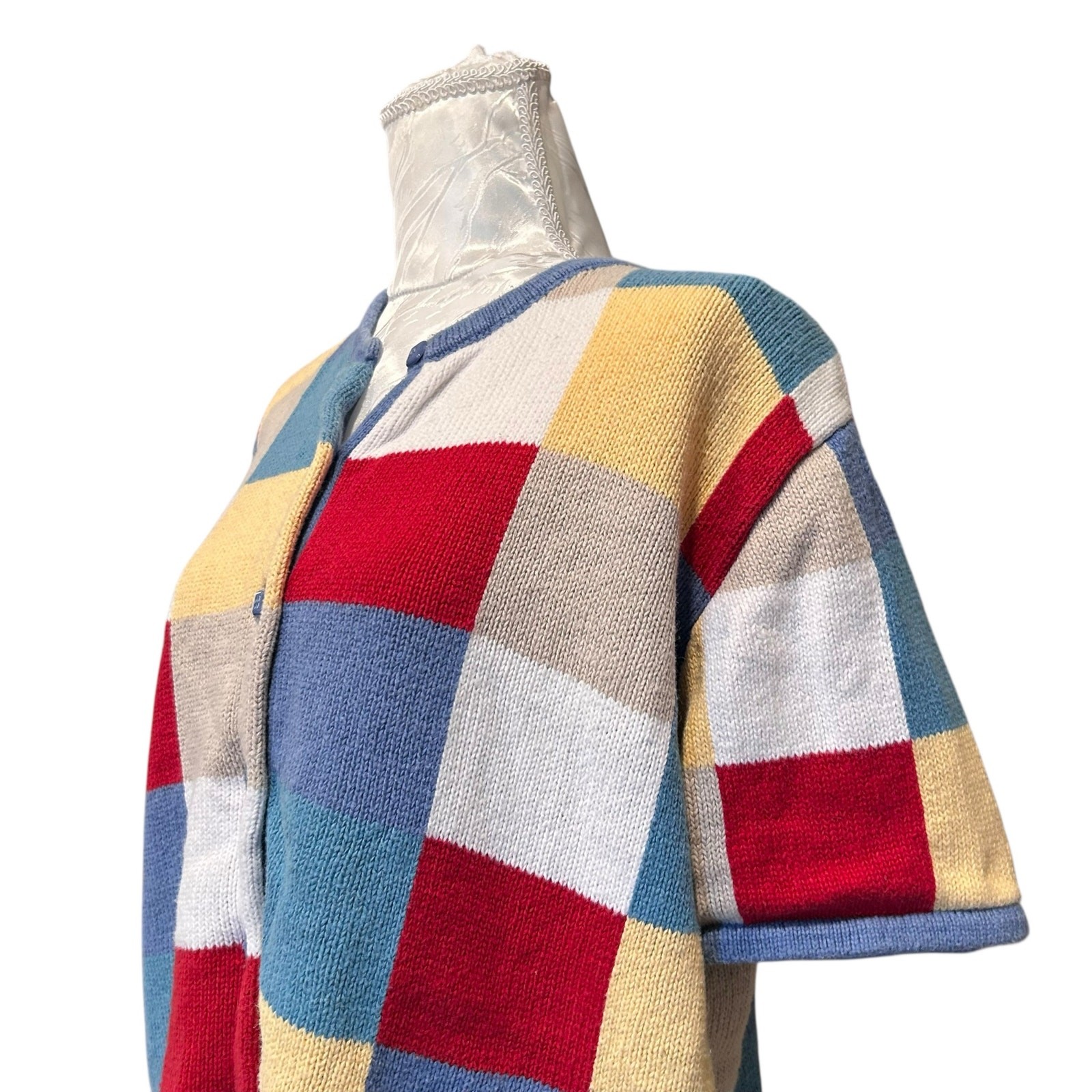 Patchwork Checked Knit Short Sleeve Cardigan Wome… - image 9