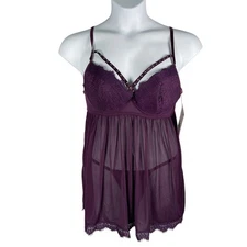 Dreamgirl Lingerie Set Womens Large Eggplant Purple Caged Lace Rhinestone Mesh