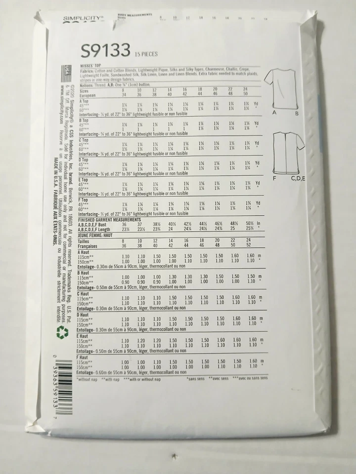 9133 Simplicity Sewing Pattern.  Womens Shirt Top. Size 8-16 - Image 2 of 3