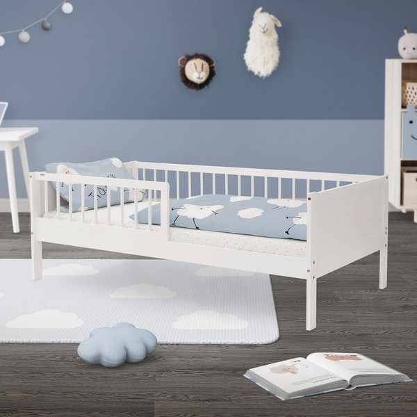 Holzbett Kinderbett Bett Lattenrost Einzelbett Rausfallschutz 160 X 80 Cm Weiß-image