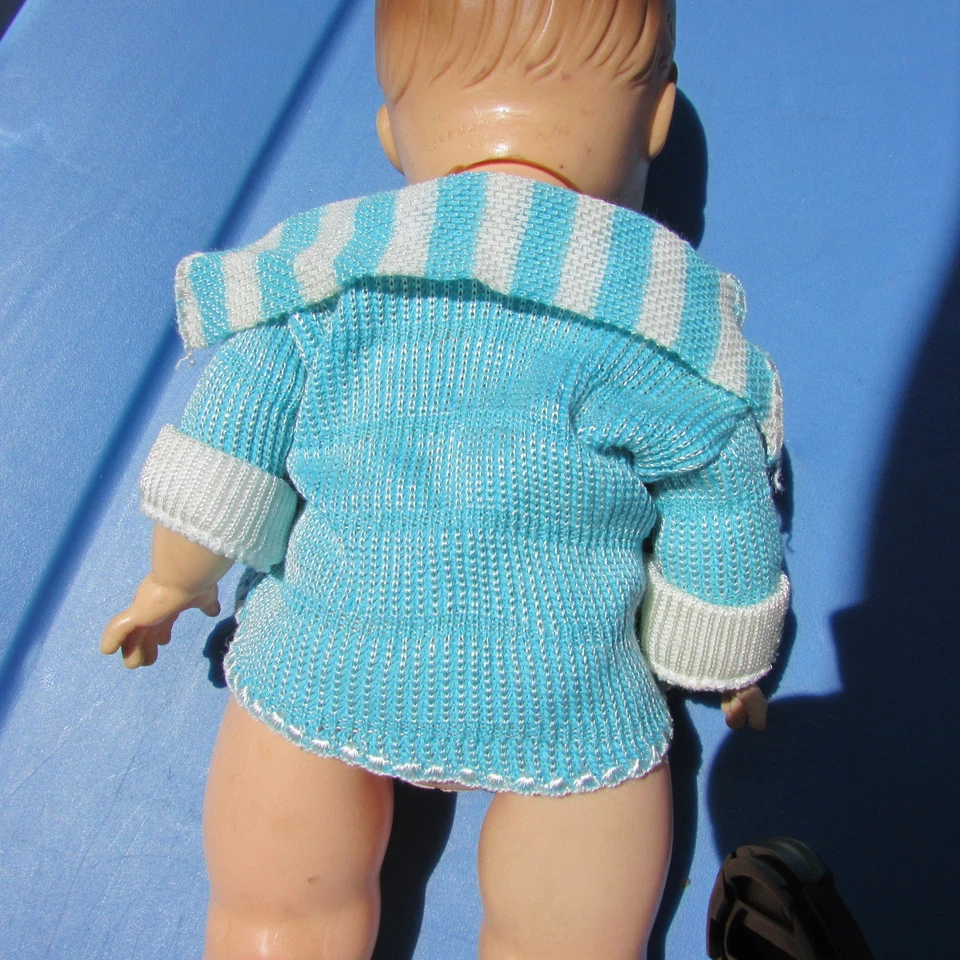 Vintage Doll Knit Rayon Outfit Jacket Booties Dy-Dee, Tiny Tears 12" Blue 1950s - Image 4 of 4