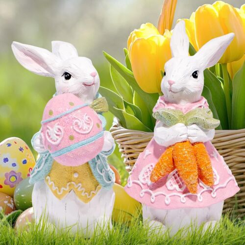 2 Pieces Easter Bunny Couple Cute Rabbit Figs for Party and Home (White-Blue) - Picture 2 of 6