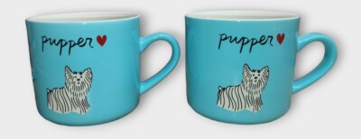 Set Of 2 Opalhouse Stoneware Pupper Yorkie Dog Coffee Mug Turquoise Blue 16oz