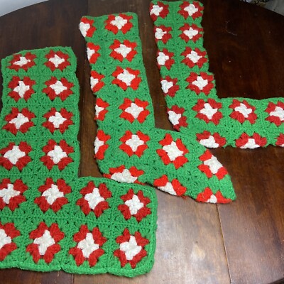 Vintage Lot Of 3 Granny Square Green Red Crochet Stockings Holiday Christmas