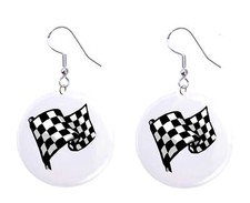 Checkered Flag Auto Racing Button Earrings Jewelry 1" Dangle MADE IN USA - NEW