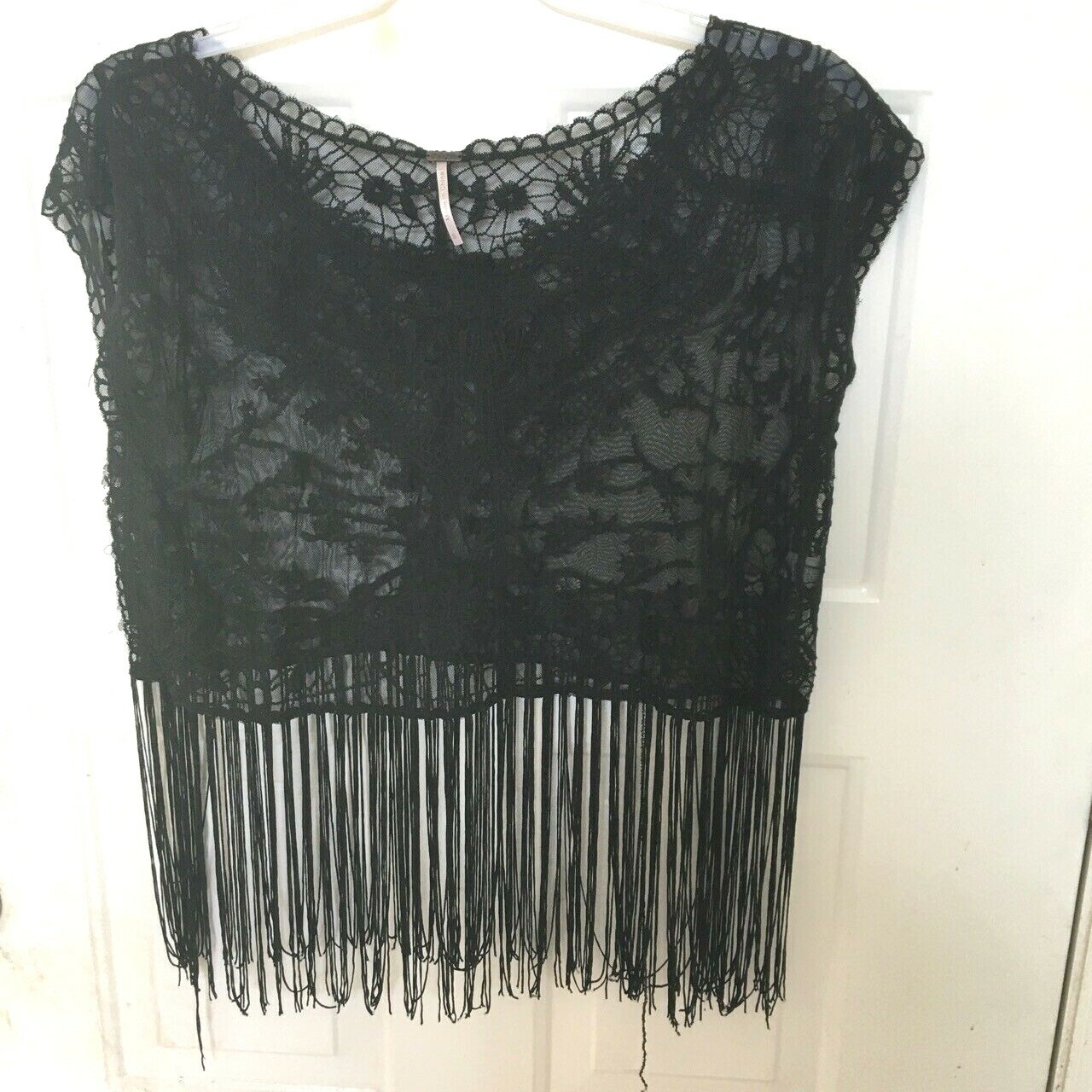 Crop Top Black Lace Fringe Women's Small Sleeveless Beach Cover Up EUC-image