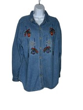 Vtg Bobbie Brooks Embroidered Christmas Ornament Snowflake Denim Shirt Sz LG