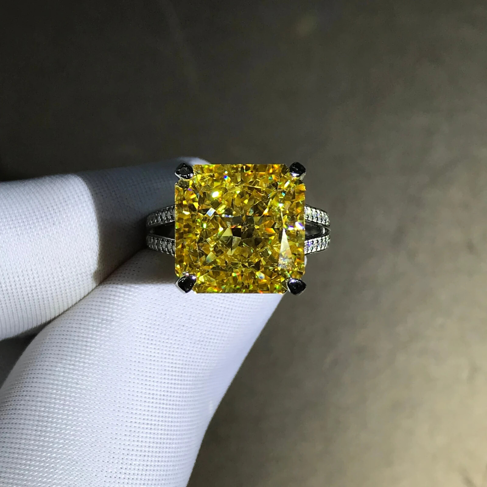 8 Carat Radiant Cut Vivid Yellow Bead-set Split Shank Moissanite 14K Gold Ring