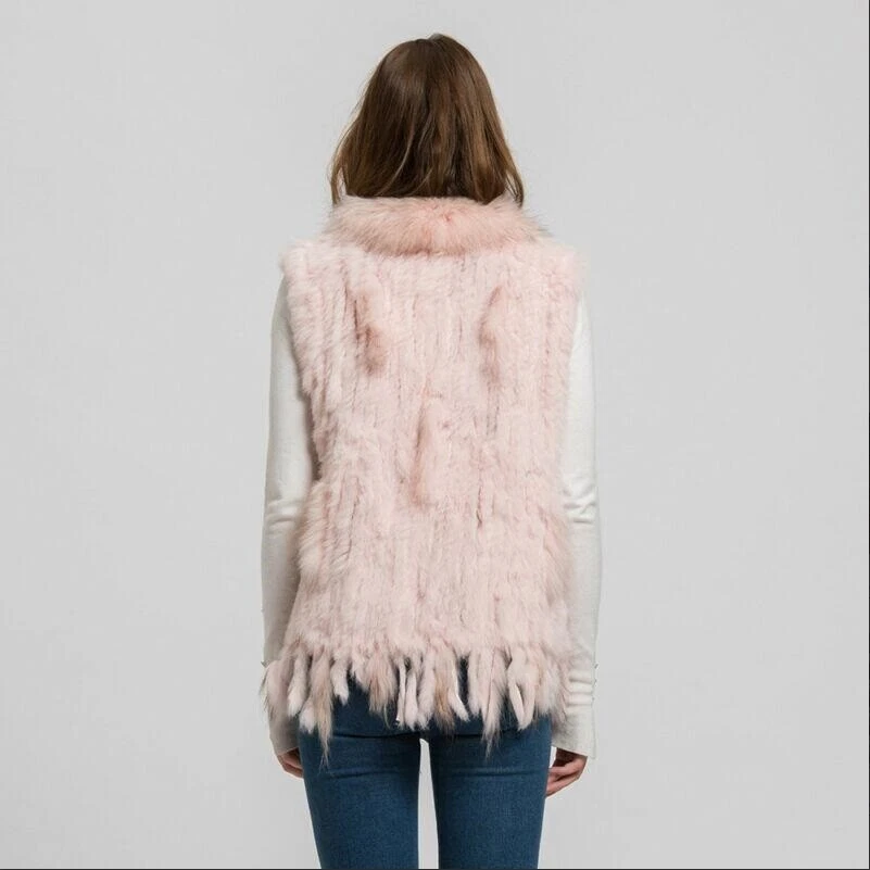 Lady Real Rabbit Classic Knitted Vest Raccoon Fur Collar Fashion Gilet Womens - Image 2 of 4