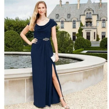 Alex Evenings Sz 8 Cowl Neck Gown Long Navy Blue Dress Beaded Waist Maxi 199