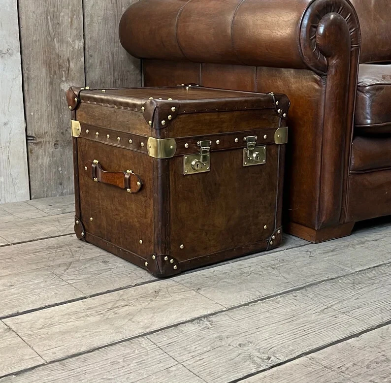 Handmade Wooden Leather Storage Trunk Coffee Table Perfect Christmas Gift - Image 3 of 4
