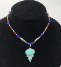 Artisan Pendant Necklace Sterling Silver Turquoise Gemstone Beaded - 15 inches