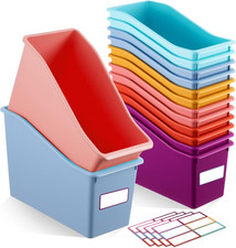 12 Pcs Book Bin for Classroom with Labels Stackable Plastic Organizing Bins 11.5