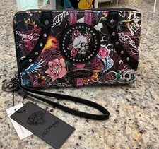 ED HARDY black multicolor zip-around wristlet wallet Cowboy Skull, Roses, Tattoo