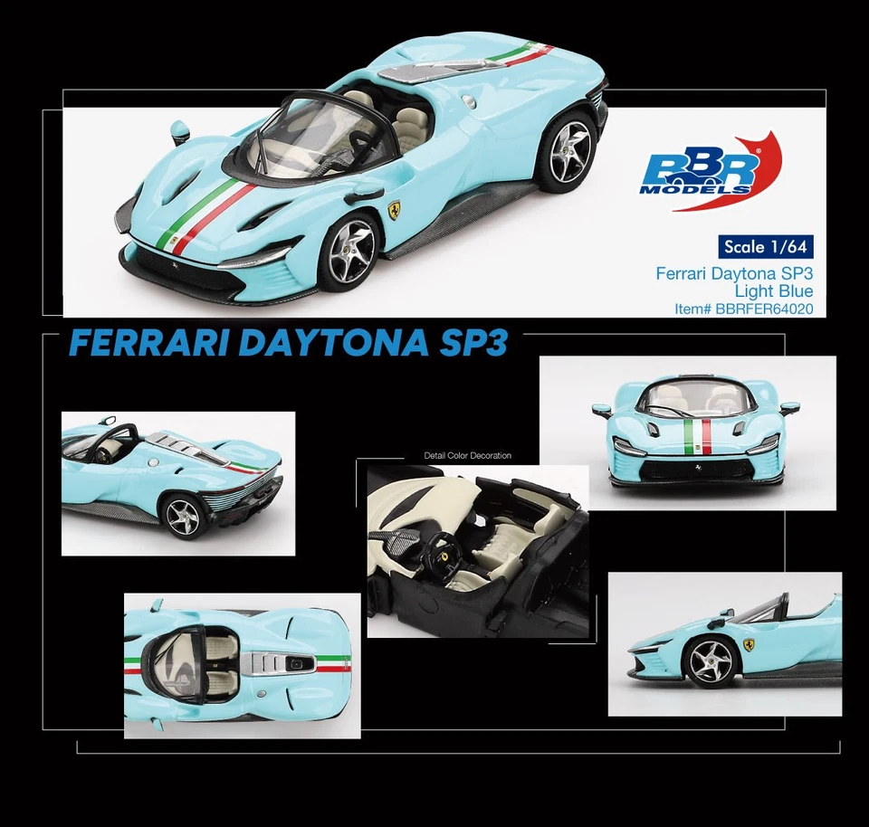 BBR 1/64 Ferrari Daytona SP3 Light Blue Diecast Model Car - Image 4 of 4