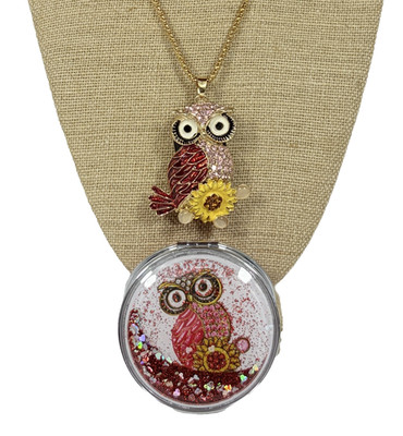 Rhinestone OWL Pendant Necklace Set Glitter Floating Mirror Compact Sparkly NEW