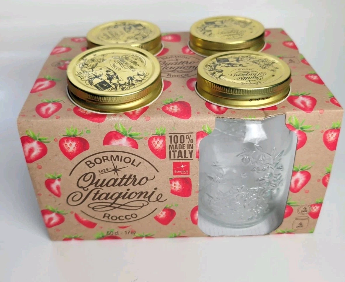 Bormioli Rocco Quattro Stagioni Italy Lot 4 Canning Storage Jars W/Lids 17 Oz