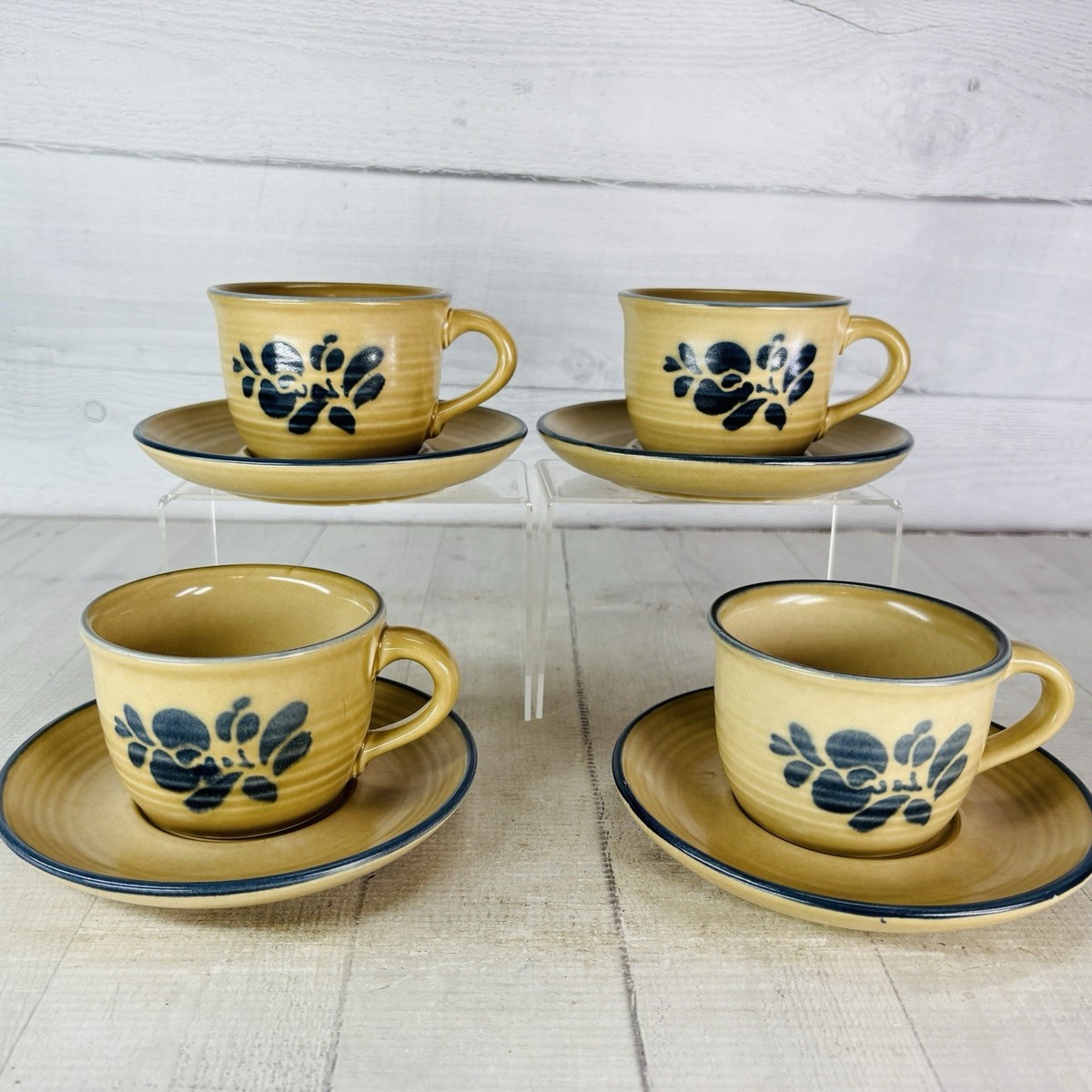 Pfaltzgraff FOLK ART Blue Floral Tan Stoneware USA 8oz Flat Cups