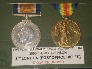 WW1 BRITISH WAR AND VICTORY MEDAL PAIR 3599 PTE WJ ROBBINS 8TH LONDON REGIMENT