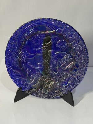 Seltener Vintage Fenton Blue Carnival Glas Garten Eden Teller