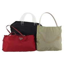 PRADA Hand Bag Nylon 3 Set Red Black Khaki Auth 185271