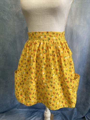 Vtg 60s 70s Handmade Yellow Floral Cotton Half Apron Pockets Boho Cottagecore