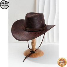 Mens Real Leather Australian Western Cowboy Style Tan Crazy Horse Bush Hat