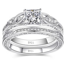 Women's Bridal Ring Set Princess Cut Engagement Wedding Ring Sterling Silver ...