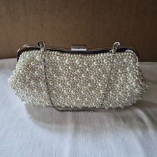 Ivory Pearl Beaded Clutch Evening or Bridal Bag Detachable Silver Chain Strap